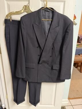 Vnt savane Double Breasted Black Suit Mens Jacket 40r Pants 36x30 Poly Wool 90s